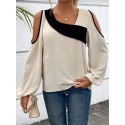 Plus Size Colorblock Cold Shoulder Blouse, Casual Asymmetrical Neck Long Sleeve Blouse For Spring, Women's Plus Size&nbsp;Clothing