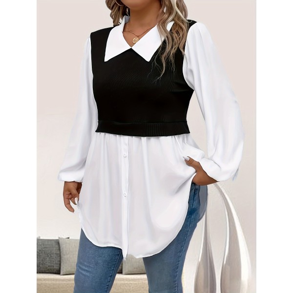 Plus Size Colorblock Polo Collar Blouse Casual Long Sleeve Blouse For Spring & Fall Women's Plus Size Clothing