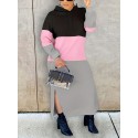 Plus Size Casual Dress, Women's Plus Colorblock Long Sleeve Split Hem Hooded Maxi Sweatshirt Dress