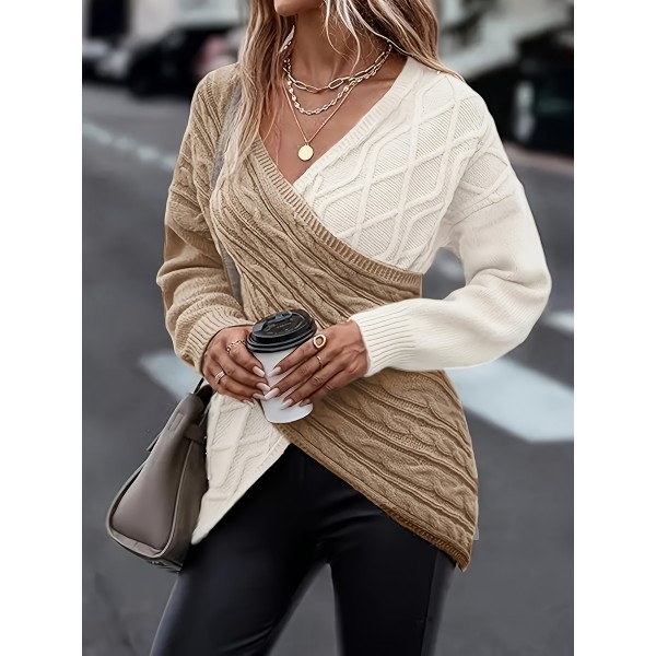 Plus Size Twist Front Colorblock Sweater, Casual Long Sleeve V Neck Sweater For Fall & Winter, Women's Plus Size&nbsp;Clothing