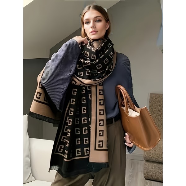 Elegant Plus Size Faux Cashmere Shawl - Soft, Warm Letter Print Cape for Women | Perfect for Fall/Winter