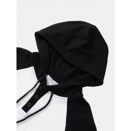 Mens Ribbed Knit Patchwork High Low Preppy Raglan Sleeve Hooded T-Shirts