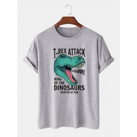 Mens Cartoon Dinosaur Letter Print O-Neck 100% Cotton Short Sleeve T-Shirts
