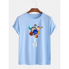 Mens Cotton Astronaut Colorful Planet Print O-Neck Casual Short Sleeve T-Shirts