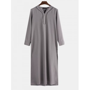 Mens Long Sleeve Ethnic Robe Solid Color Long T shirts