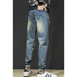 Distressed Wash Buttoned Straight Leg Men's Jeans
