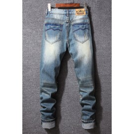 Distressed Wash Buttoned Straight Leg Men's Jeans