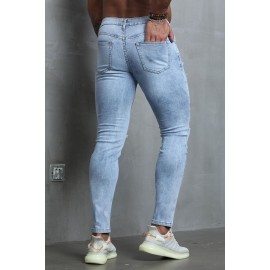 Sky Blue Men Stripes and Stars Print Ripped Skinny Jeans