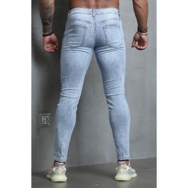 Sky Blue Men Stripes and Stars Print Ripped Skinny Jeans