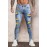 Sky Blue Rainbow Print Patchwork Skinny Distressed Men's Jeans