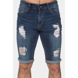 Sky Blue Men's Baseball Pattern Patchwork Skinny Distressed Jeans