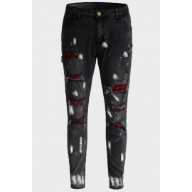 Black Plaid Patchwork Distressed Slim-fit Men's Jeans