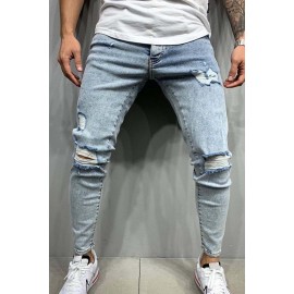 Men's Blue Washed Distressed Slim-fit Jeans
