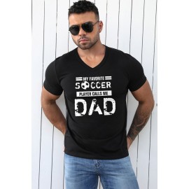 Black SOCCER DAD Letter Graphic Print V Neck T Shirt