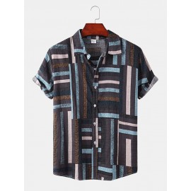 Mens Striped Color Block Lapel Short Sleeve Regular Hem Shirt