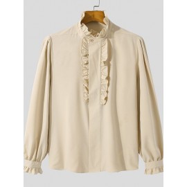 Mens Puff Sleeve Ruffle Neck Button Shirt