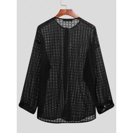 Mens Casual Mesh Check Long-sleeved Shirts
