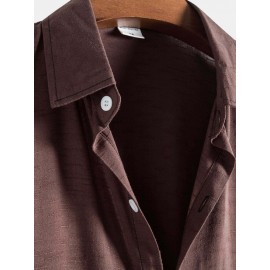 Mens Pure Color Lapel Button Up Cotton Basics Short Sleeve Shirts
