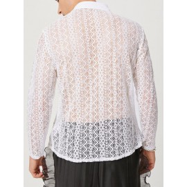 Mens See-Through Lace Crochet Ruffle Front Shirt