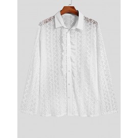 Mens See-Through Lace Crochet Ruffle Front Shirt