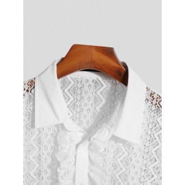 Mens See-Through Lace Crochet Ruffle Front Shirt