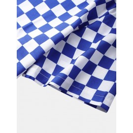 Mens Checkered Plaid Revere Collar Street Short Sleeve Shirts