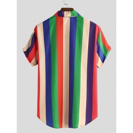 Mens Cool Rainbow Striped Patch Pocket Short Sleeve Shirts