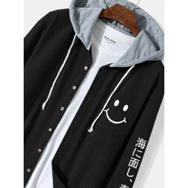 Mens Smile Face Japanese Embroidered Corduroy Long Sleeve Hooded Shirts